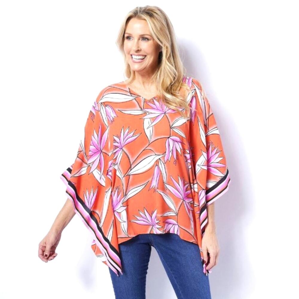 BELLE BY KIM GRAVEL | Pink Orange Tropical Print Floral Resort Wear Blouse XXS